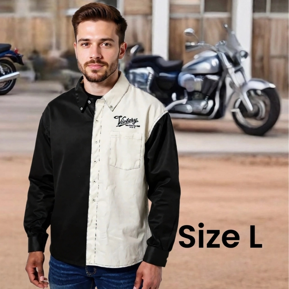 Victory Motorcycles Two-Tone Black & Cream Button-Down Collar Shirt Size L